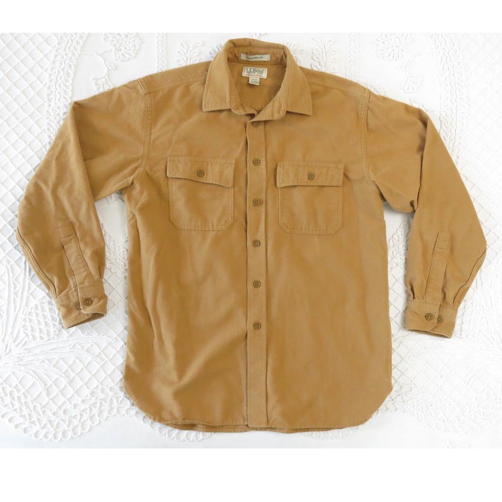 LL Bean Chamois Cloth Shirt Mens Medium Traditional Fit Tan Camel Flannel